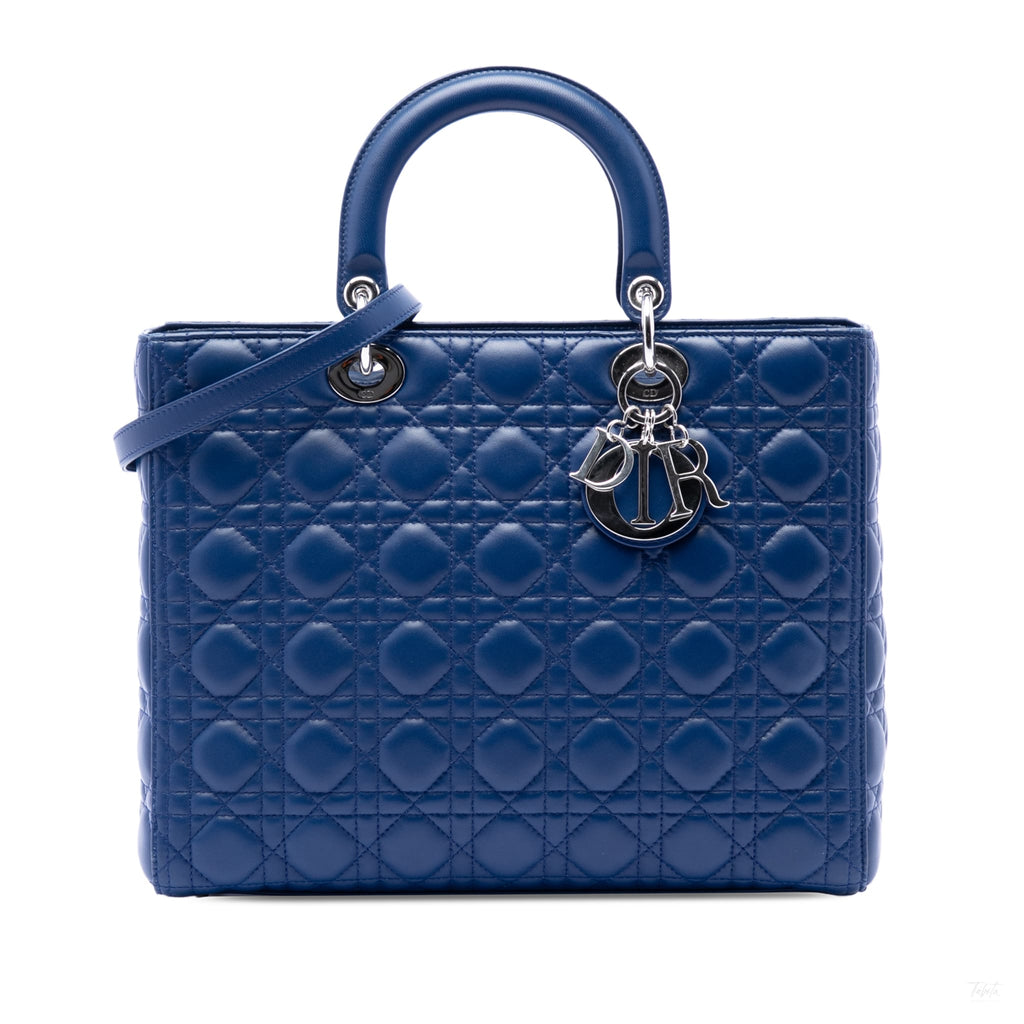Second hand Dior Lady Dior Large Zip Cannage Lambskin Leather 2 - Ways Tote Bag Blue - Tabita Bags