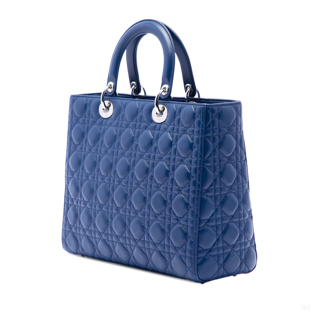 Second hand Dior Lady Dior Large Zip Cannage Lambskin Leather 2 - Ways Tote Bag Blue - Tabita Bags