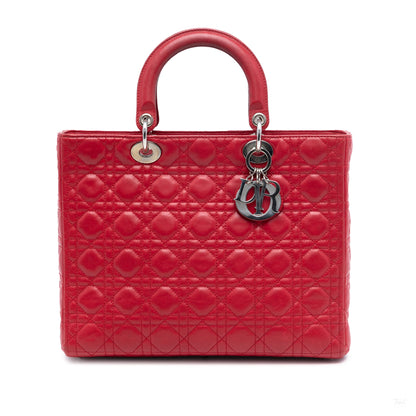 Second hand Dior Lady Dior Large Zip Cannage Lambskin Leather 2 - Ways Tote Bag Red - Tabita Bags