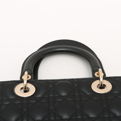 Second hand Dior Lady Dior Medium Calfskin Leather Cannage Tote Handbag Black - Tabita Bags