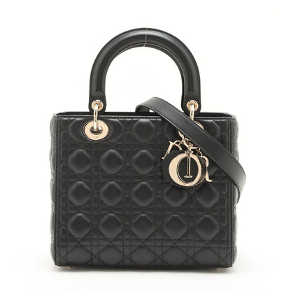 Second hand Dior Lady Dior Medium Calfskin Leather Cannage Tote Handbag Black - Tabita Bags