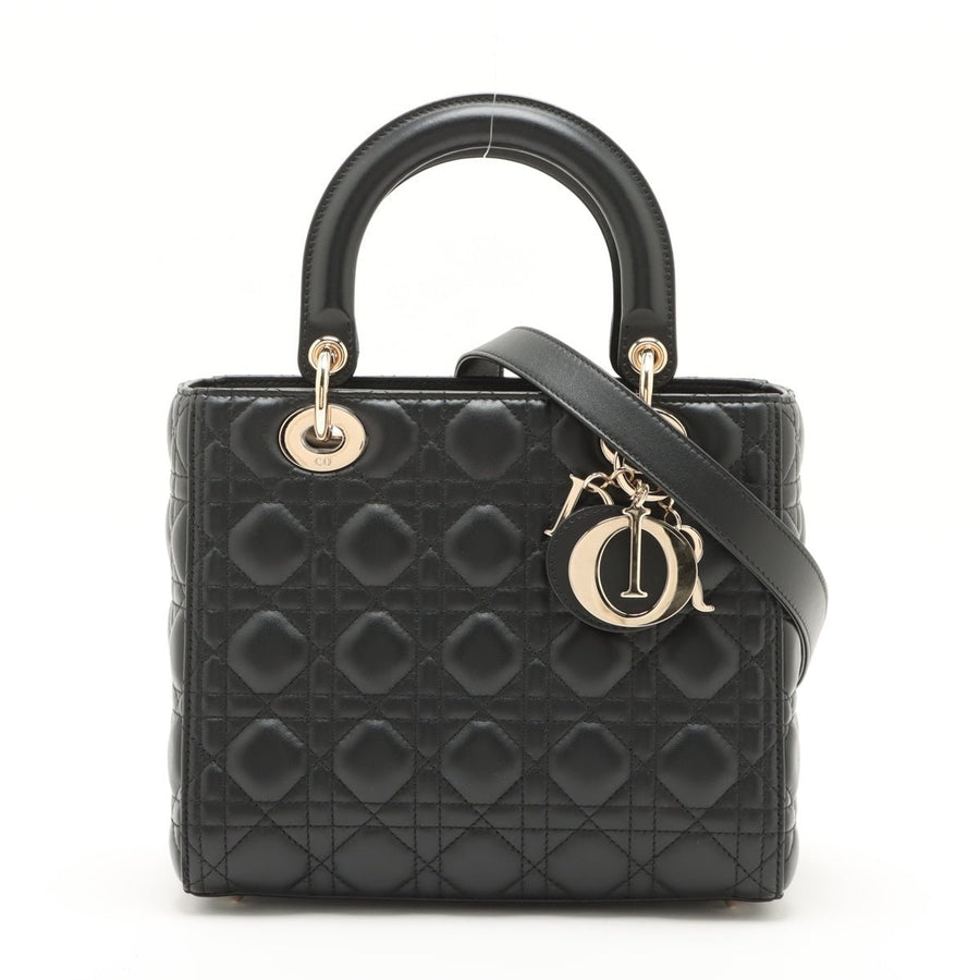 Second hand Dior Lady Dior Medium Calfskin Leather Cannage Tote Handbag Black - Tabita Bags
