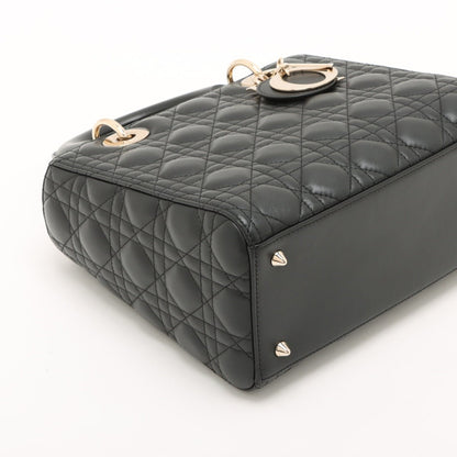 Second hand Dior Lady Dior Medium Calfskin Leather Cannage Tote Handbag Black - Tabita Bags