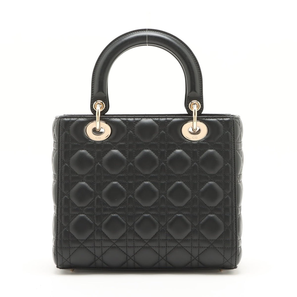 Second hand Dior Lady Dior Medium Calfskin Leather Cannage Tote Handbag Black - Tabita Bags