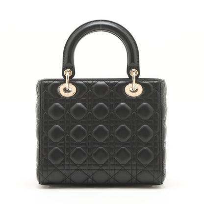 Second hand Dior Lady Dior Medium Calfskin Leather Cannage Tote Handbag Black - Tabita Bags