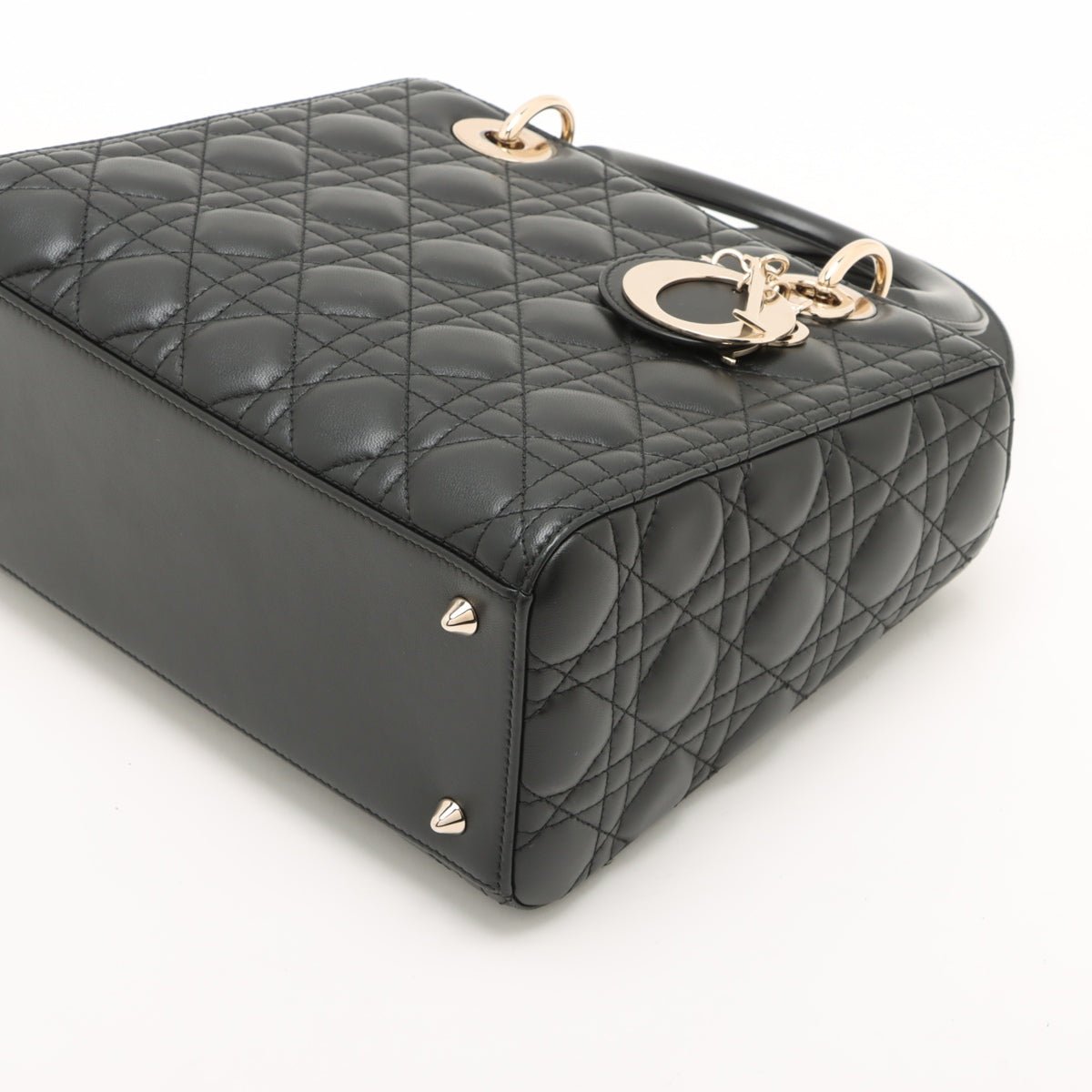 Second hand Dior Lady Dior Medium Calfskin Leather Cannage Tote Handbag Black - Tabita Bags