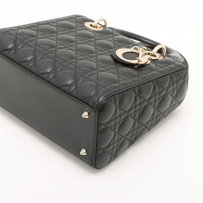 Second hand Dior Lady Dior Medium Calfskin Leather Cannage Tote Handbag Black - Tabita Bags