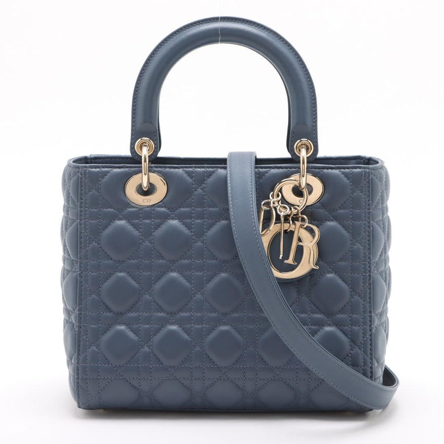 Second hand Dior Lady Dior Medium Calfskin Leather Cannage Tote Handbag Blue - Tabita Bags