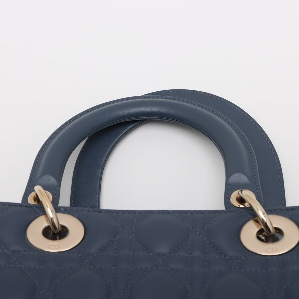 Second hand Dior Lady Dior Medium Calfskin Leather Cannage Tote Handbag Blue - Tabita Bags