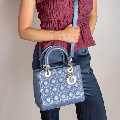 Second hand Dior Lady Dior Medium Calfskin Leather Cannage Tote Handbag Blue - Tabita Bags