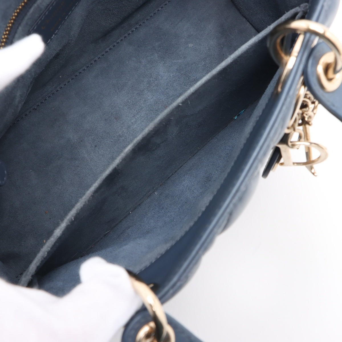 Second hand Dior Lady Dior Medium Calfskin Leather Cannage Tote Handbag Blue - Tabita Bags