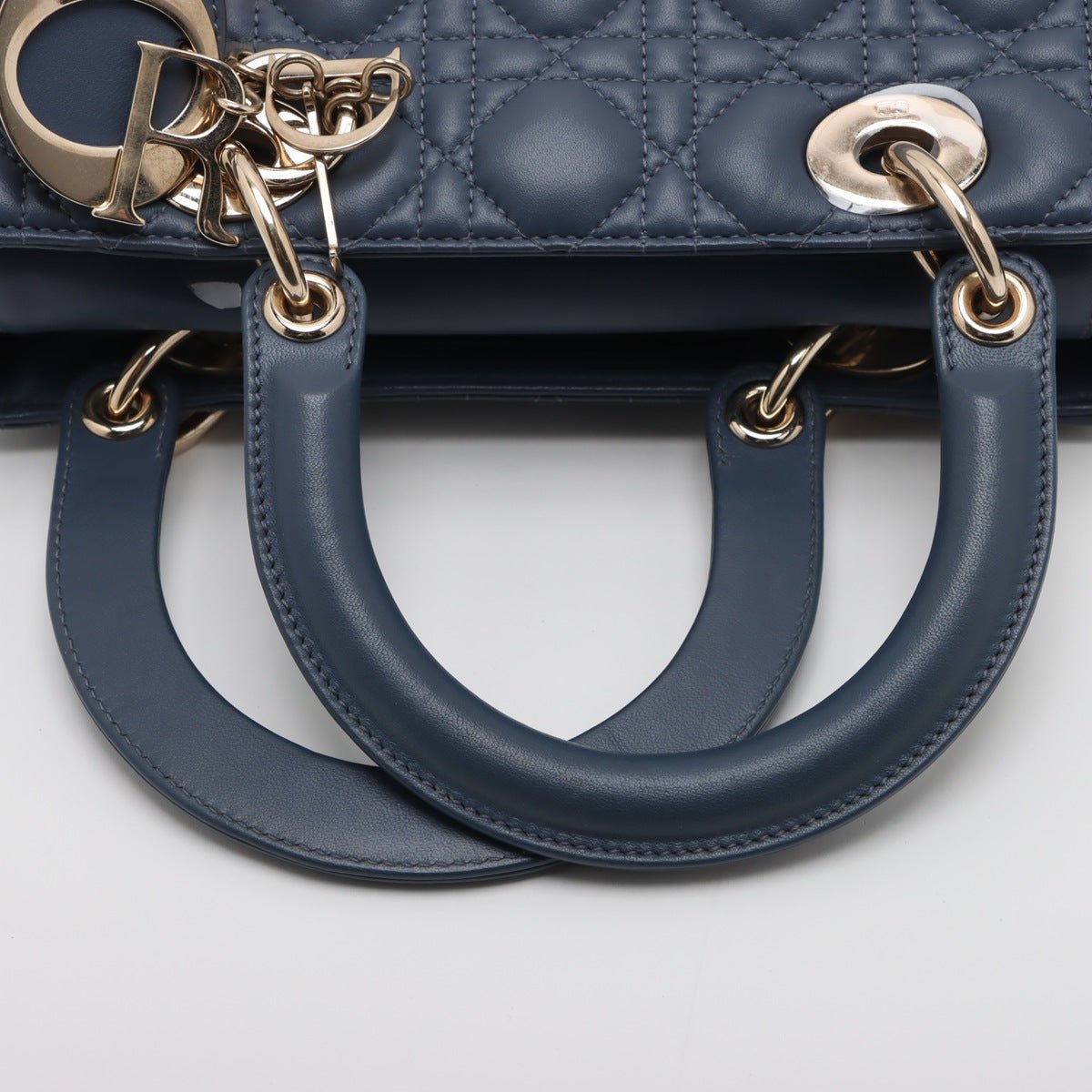 Second hand Dior Lady Dior Medium Calfskin Leather Cannage Tote Handbag Blue - Tabita Bags
