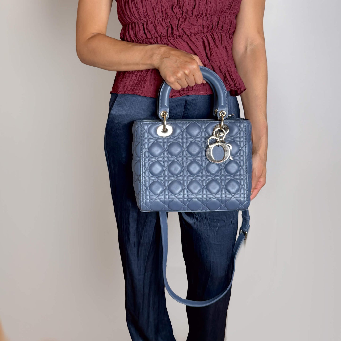 Second hand Dior Lady Dior Medium Calfskin Leather Cannage Tote Handbag Blue - Tabita Bags