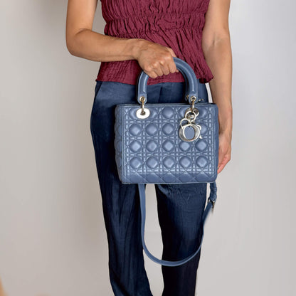 Second hand Dior Lady Dior Medium Calfskin Leather Cannage Tote Handbag Blue - Tabita Bags