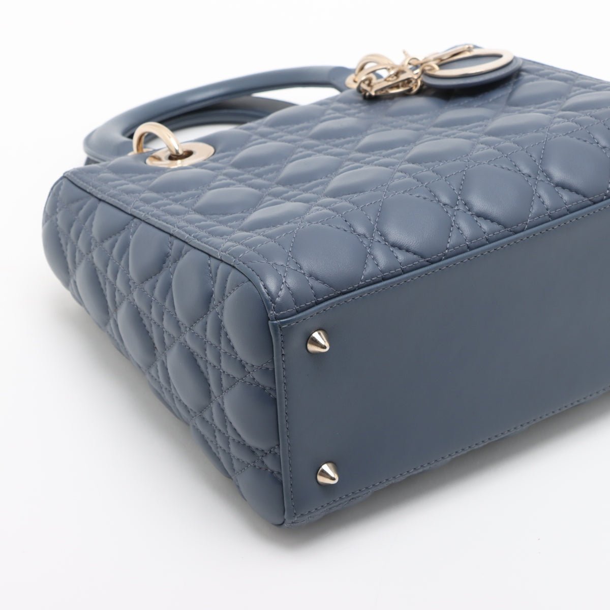 Second hand Dior Lady Dior Medium Calfskin Leather Cannage Tote Handbag Blue - Tabita Bags
