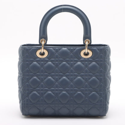 Second hand Dior Lady Dior Medium Calfskin Leather Cannage Tote Handbag Blue - Tabita Bags