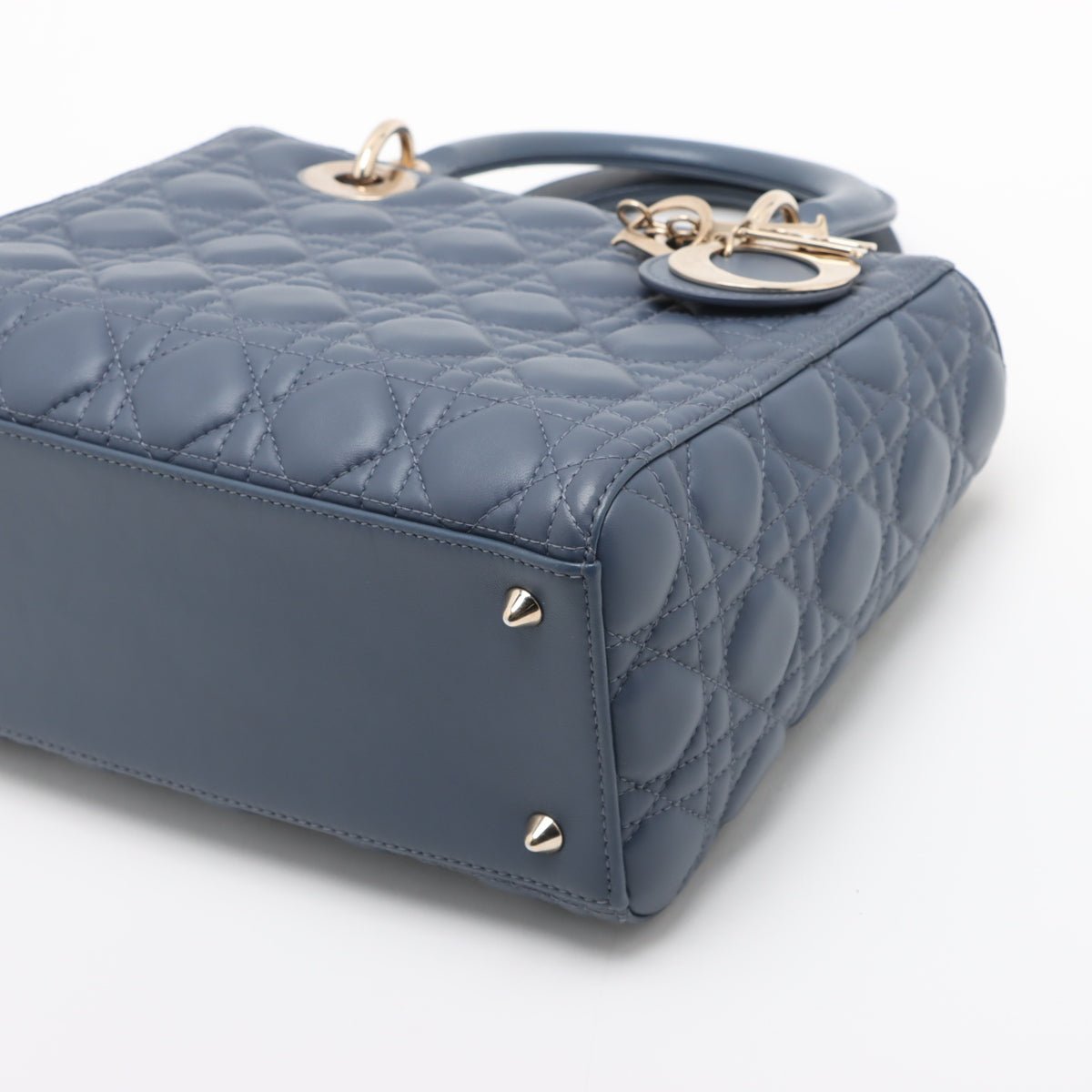 Second hand Dior Lady Dior Medium Calfskin Leather Cannage Tote Handbag Blue - Tabita Bags