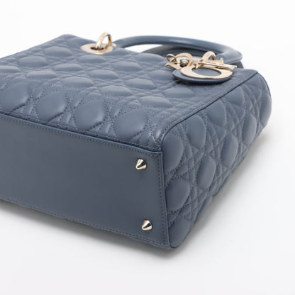 Second hand Dior Lady Dior Medium Calfskin Leather Cannage Tote Handbag Blue - Tabita Bags