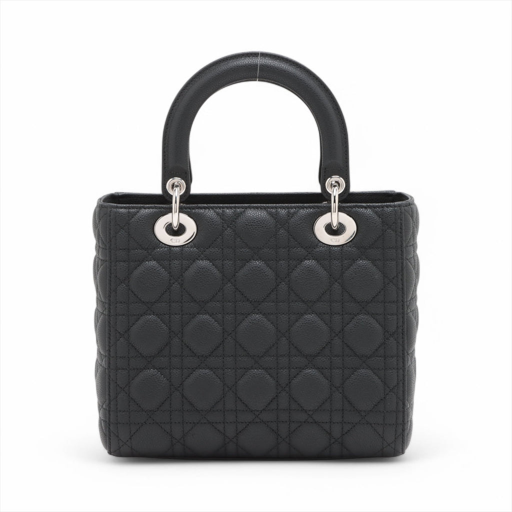 Second hand Dior Lady Dior Medium Cannage Grained Calfskin Leather 2 - Ways Tote Bag Black - Tabita Bags