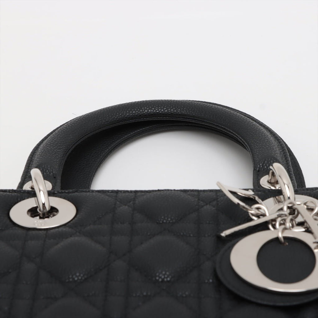 Second hand Dior Lady Dior Medium Cannage Grained Calfskin Leather 2 - Ways Tote Bag Black - Tabita Bags