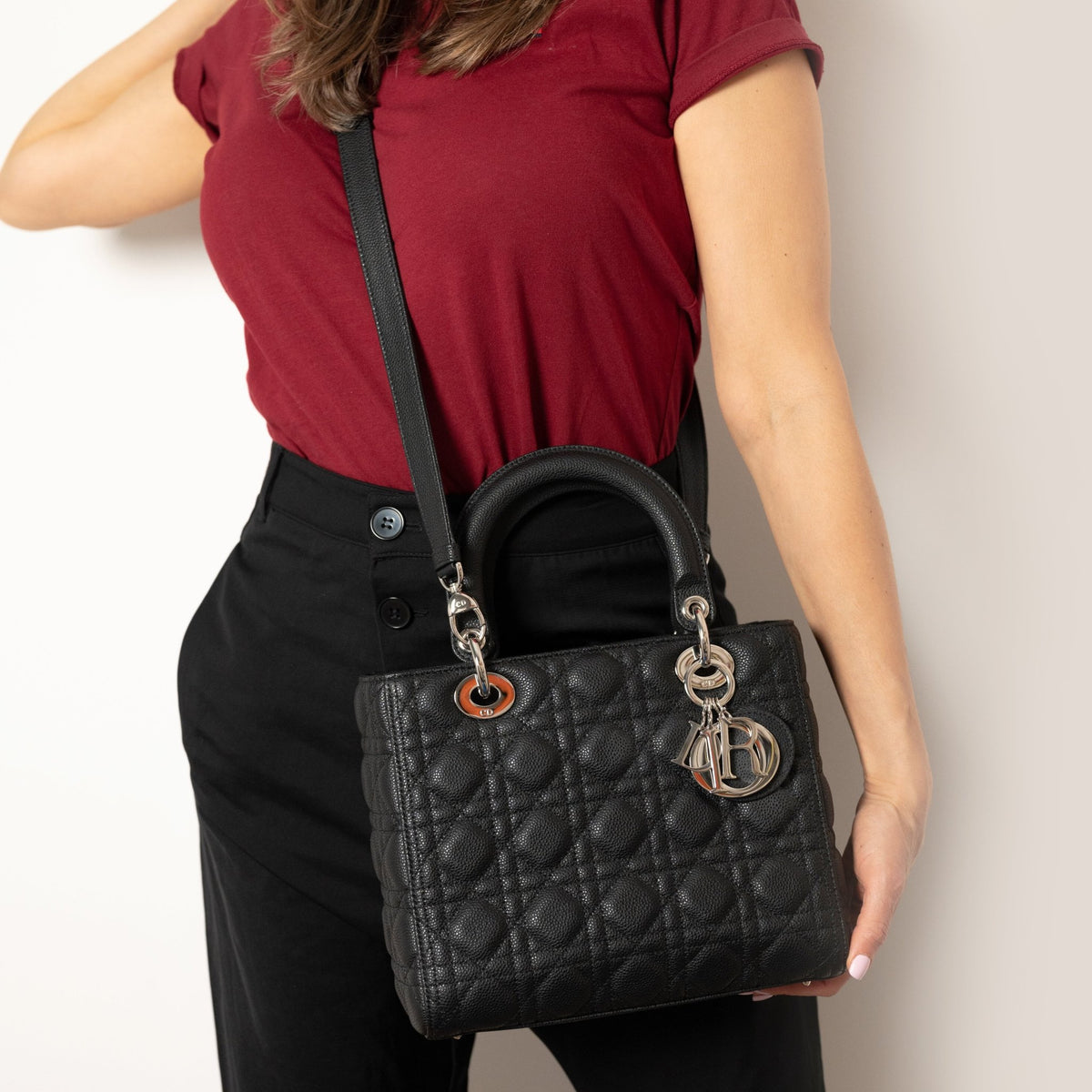 Second hand Dior Lady Dior Medium Cannage Grained Calfskin Leather 2 - Ways Tote Bag Black - Tabita Bags