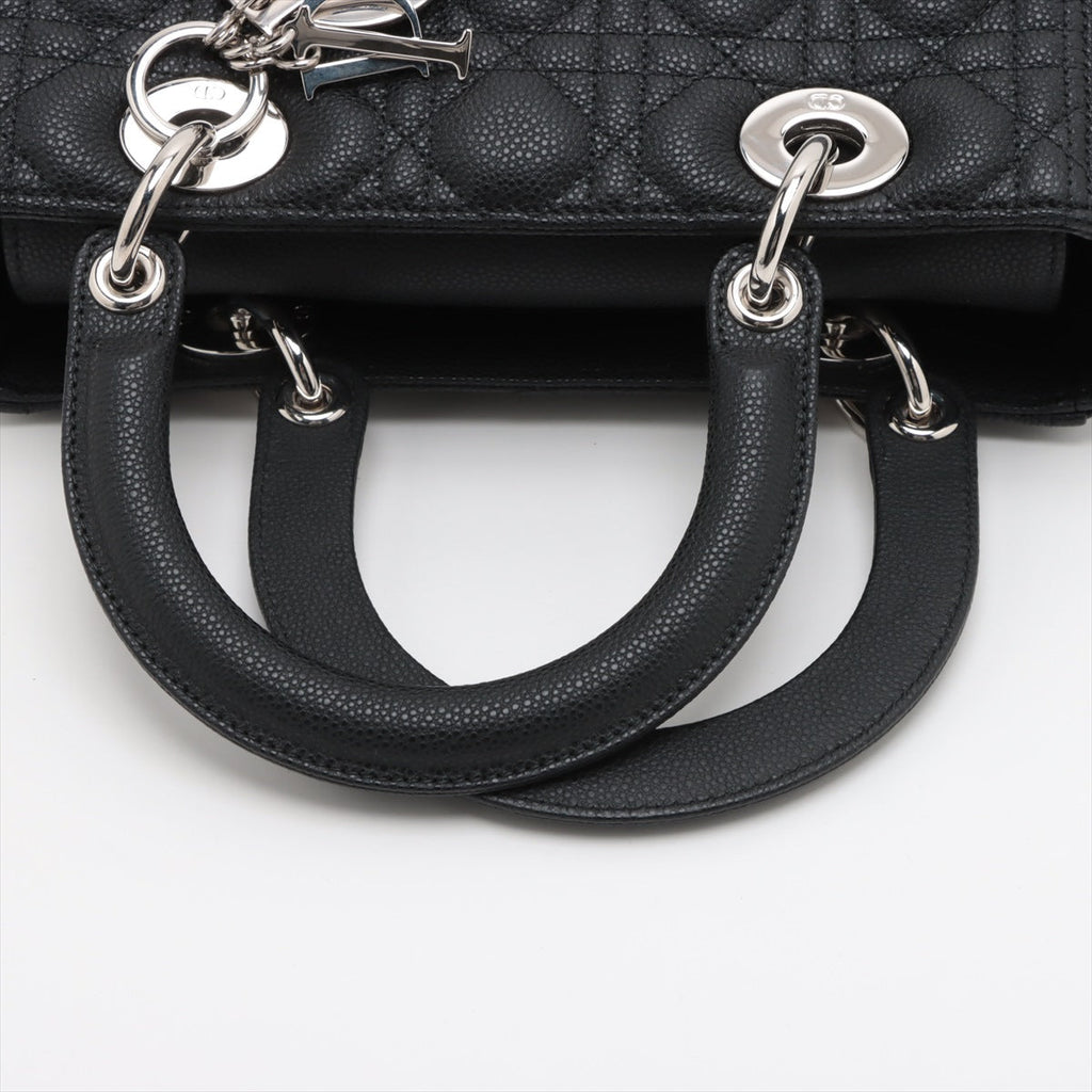 Second hand Dior Lady Dior Medium Cannage Grained Calfskin Leather 2 - Ways Tote Bag Black - Tabita Bags