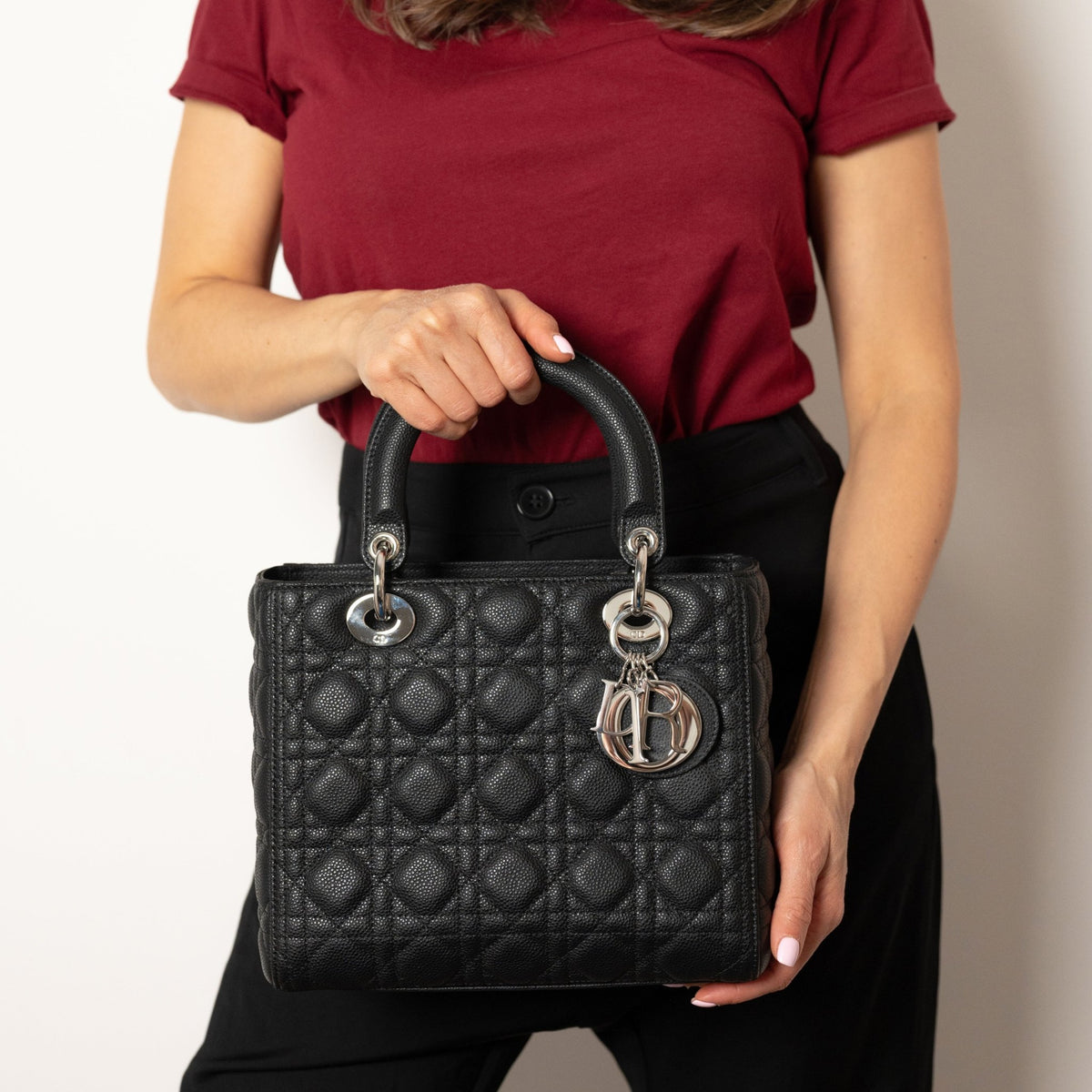 Second hand Dior Lady Dior Medium Cannage Grained Calfskin Leather 2 - Ways Tote Bag Black - Tabita Bags