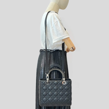 Second hand Dior Lady Dior Medium Cannage Grained Calfskin Leather 2 - Ways Tote Bag Black - Tabita Bags