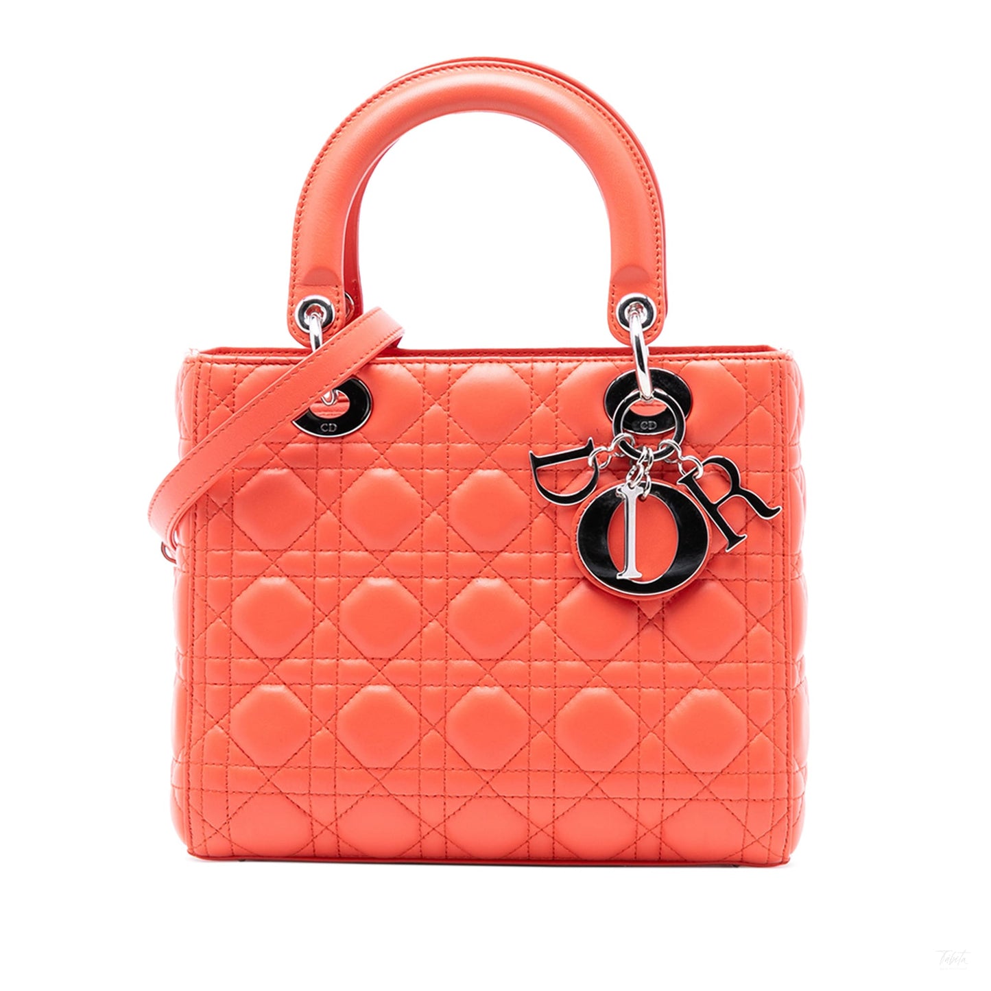 Second hand Dior Lady Dior Medium Cannage Lambskin Leather 2 - Ways Tote Bag Orange - Tabita Bags