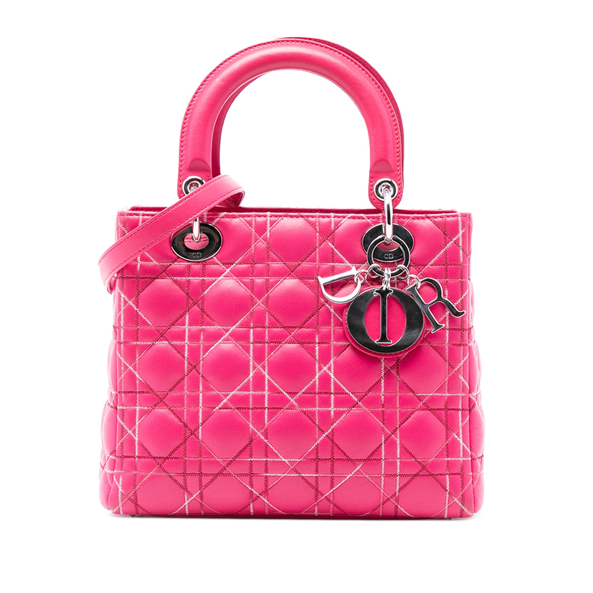 Second hand Dior Lady Dior Medium Cannage Lambskin Leather 2 - Ways Tote Bag Pink - Tabita Bags