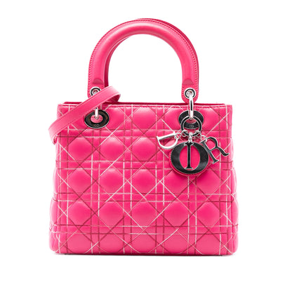 Second hand Dior Lady Dior Medium Cannage Lambskin Leather 2 - Ways Tote Bag Pink - Tabita Bags