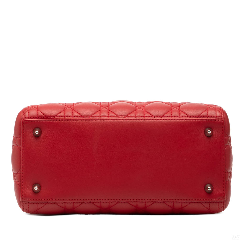 Second hand Dior Lady Dior Medium Cannage Lambskin Leather 2 - Ways Tote Bag Red - Tabita Bags