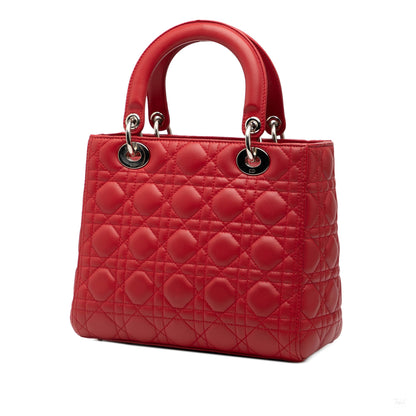 Second hand Dior Lady Dior Medium Cannage Lambskin Leather 2 - Ways Tote Bag Red - Tabita Bags