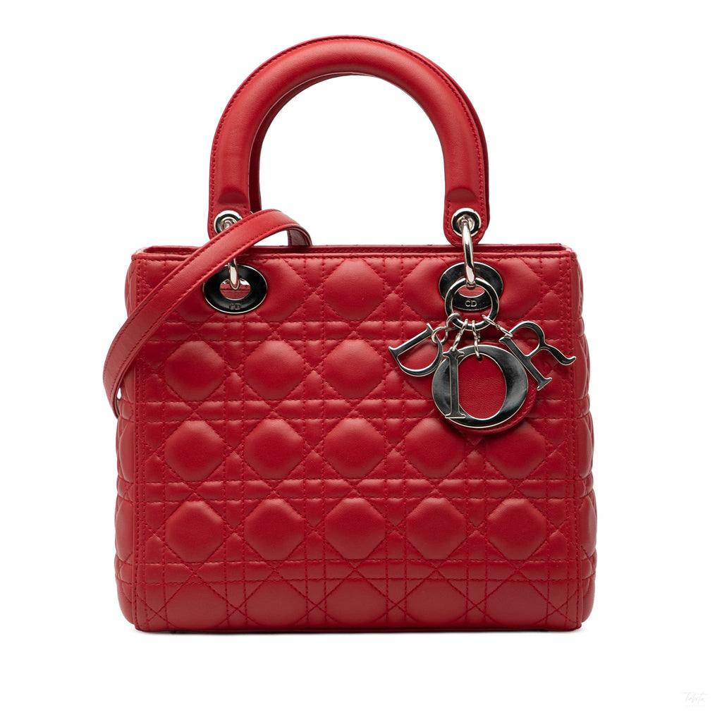Second hand Dior Lady Dior Medium Cannage Lambskin Leather 2 - Ways Tote Bag Red - Tabita Bags
