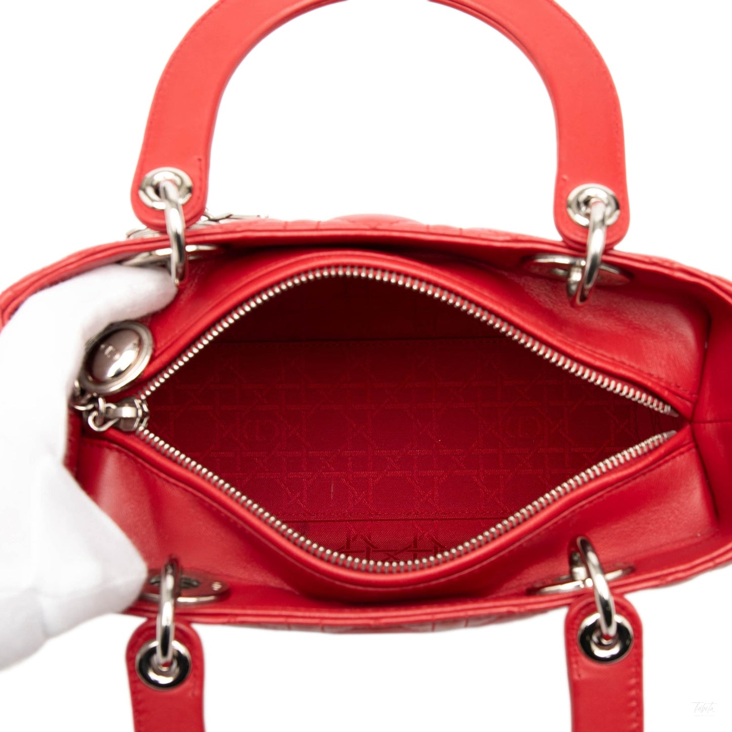 Second hand Dior Lady Dior Medium Cannage Lambskin Leather 2 - Ways Tote Bag Red - Tabita Bags