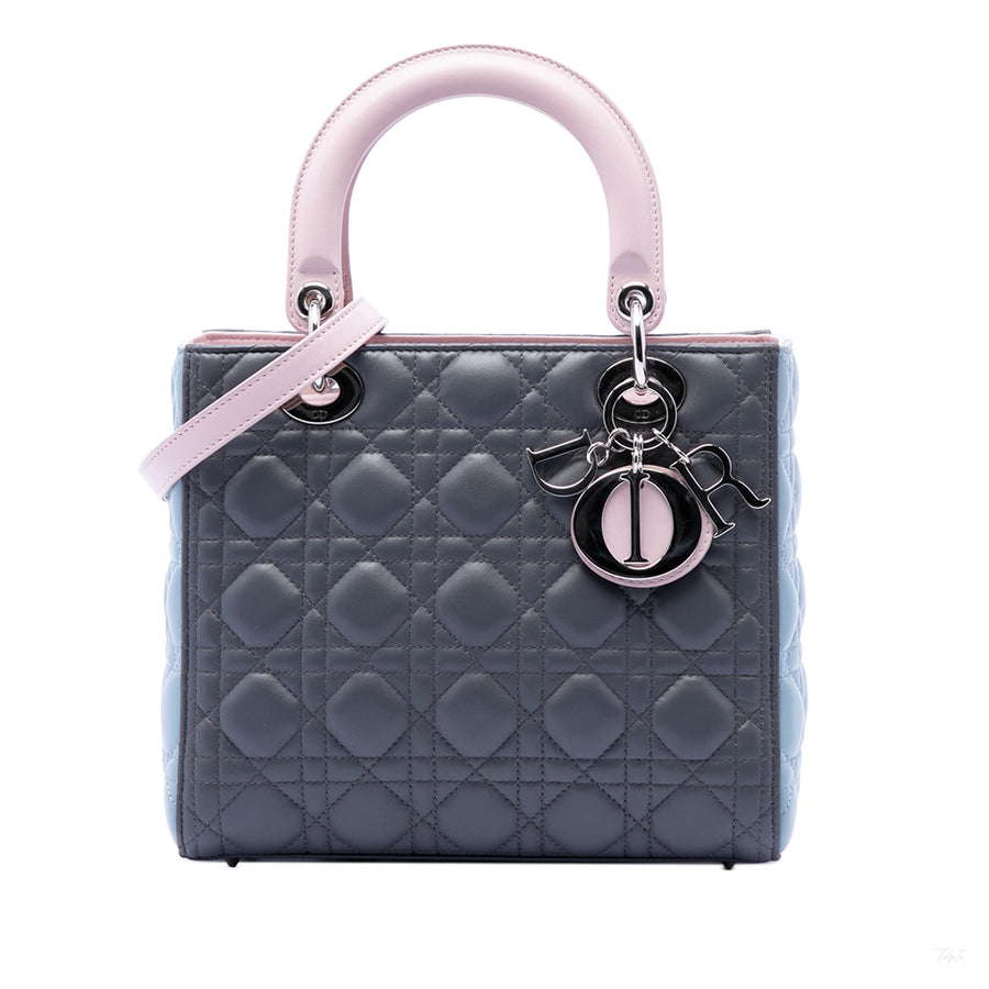 Second hand Dior Lady Dior Medium Cannage Lambskin Leather 2 - Ways Tote Bag Tricolor - Tabita Bags