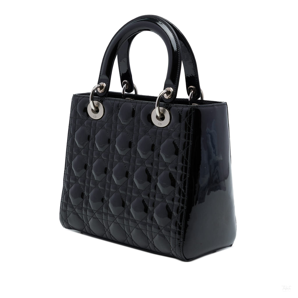Second hand Dior Lady Dior Medium Patent Leather Cannage Tote Handbag Black - Tabita Bags