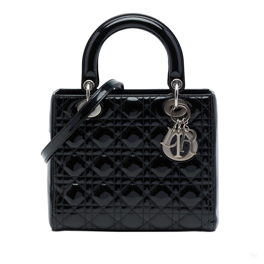 Second hand Dior Lady Dior Medium Patent Leather Cannage Tote Handbag Black - Tabita Bags