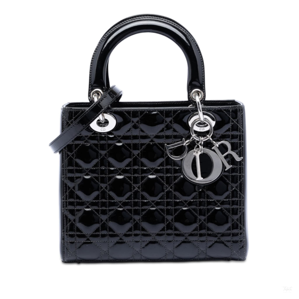 Second hand Dior Lady Dior Medium Patent Leather Cannage Tote Handbag Black - Tabita Bags