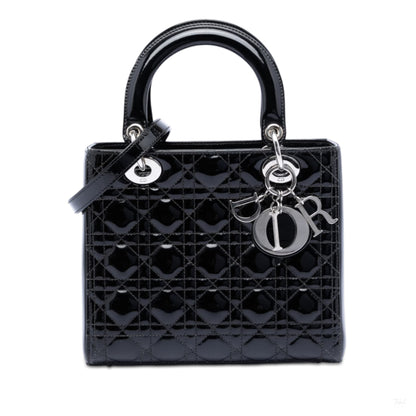 Second hand Dior Lady Dior Medium Patent Leather Cannage Tote Handbag Black - Tabita Bags