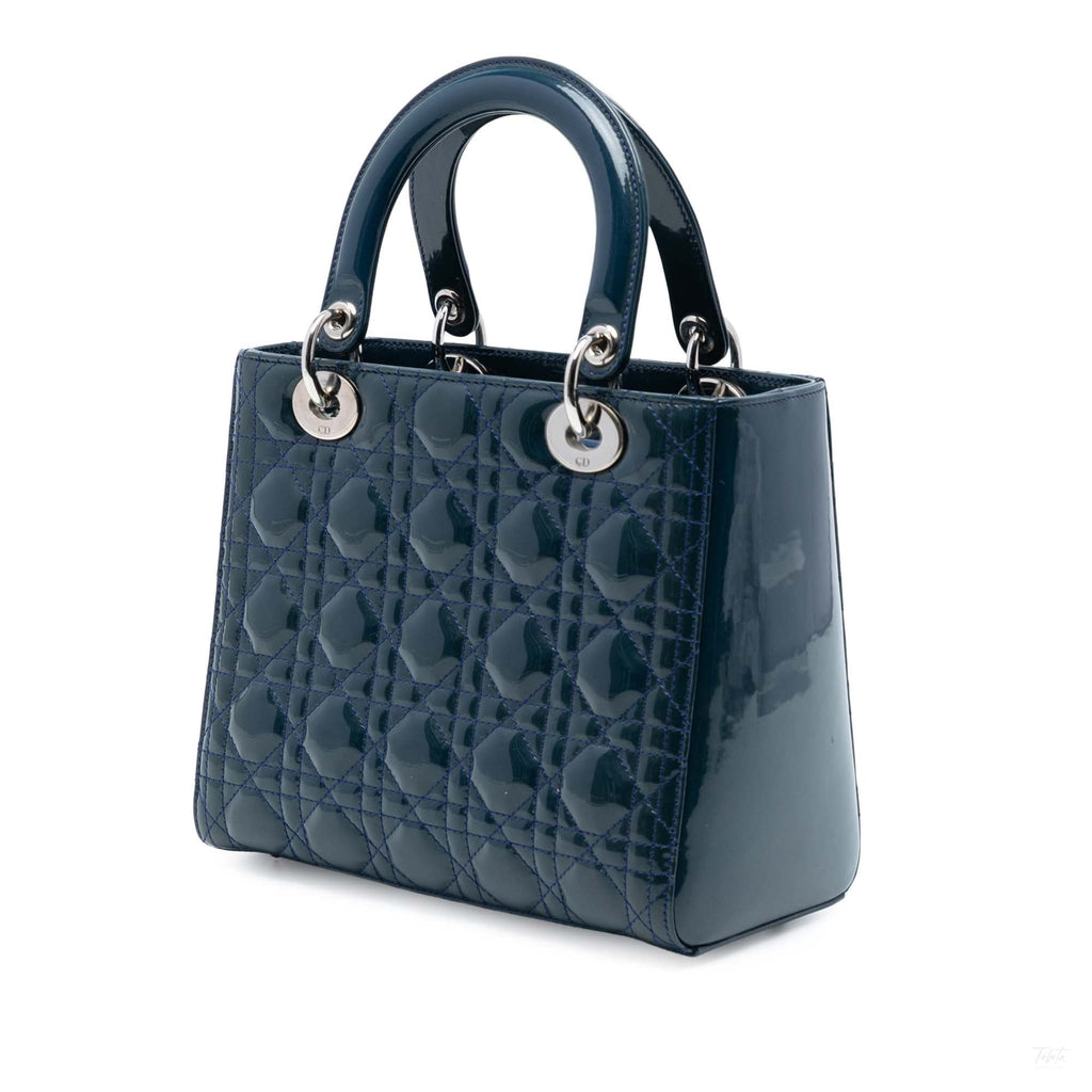 Second hand Dior Lady Dior Medium Patent Leather Cannage Tote Handbag Blue - Tabita Bags