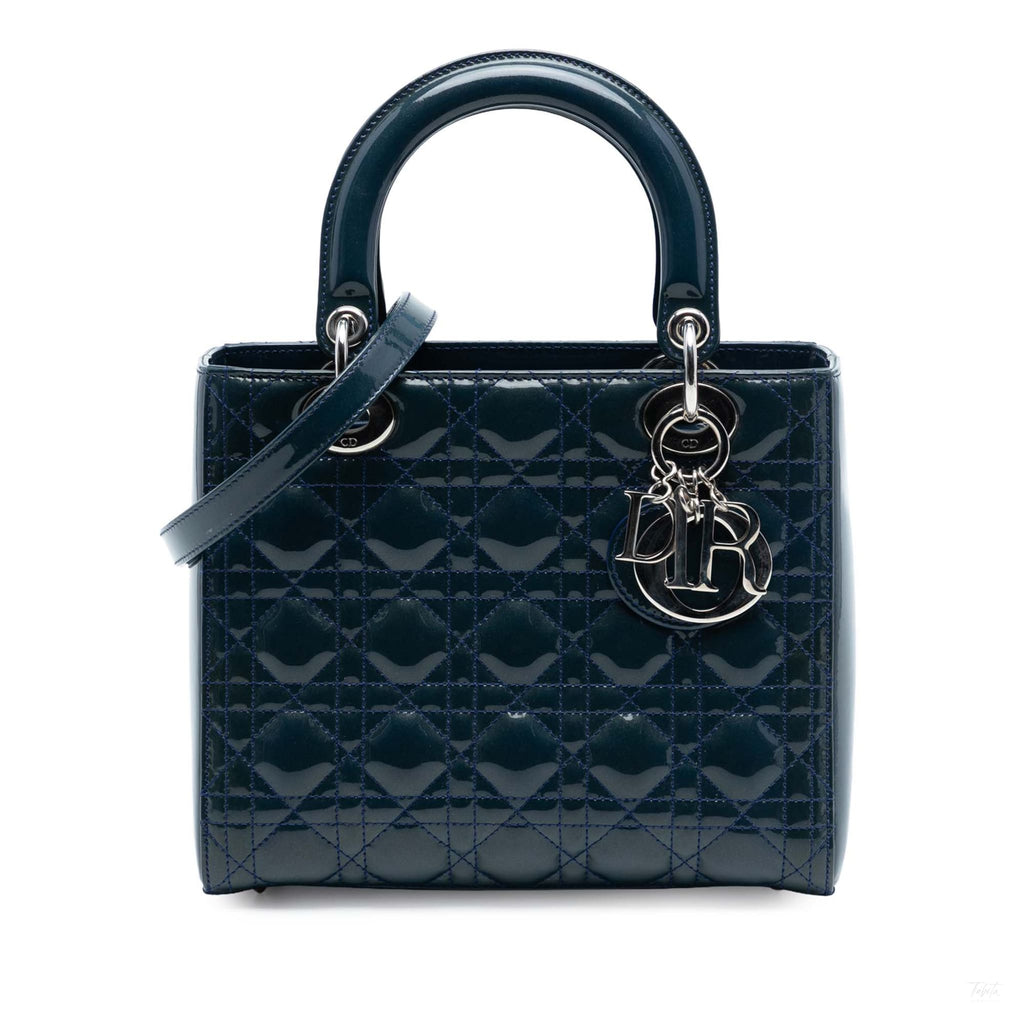 Second hand Dior Lady Dior Medium Patent Leather Cannage Tote Handbag Blue - Tabita Bags