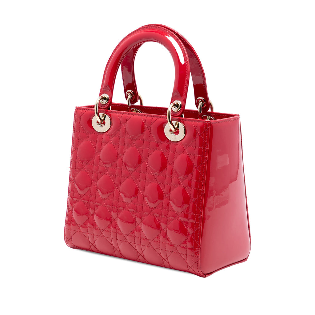 Second hand Dior Lady Dior Medium Patent Leather Cannage Tote Handbag Red - Tabita Bags