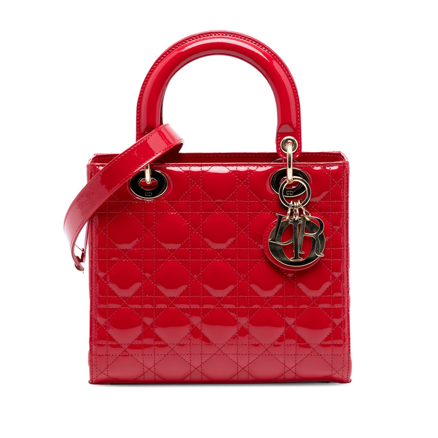 Second hand Dior Lady Dior Medium Patent Leather Cannage Tote Handbag Red - Tabita Bags