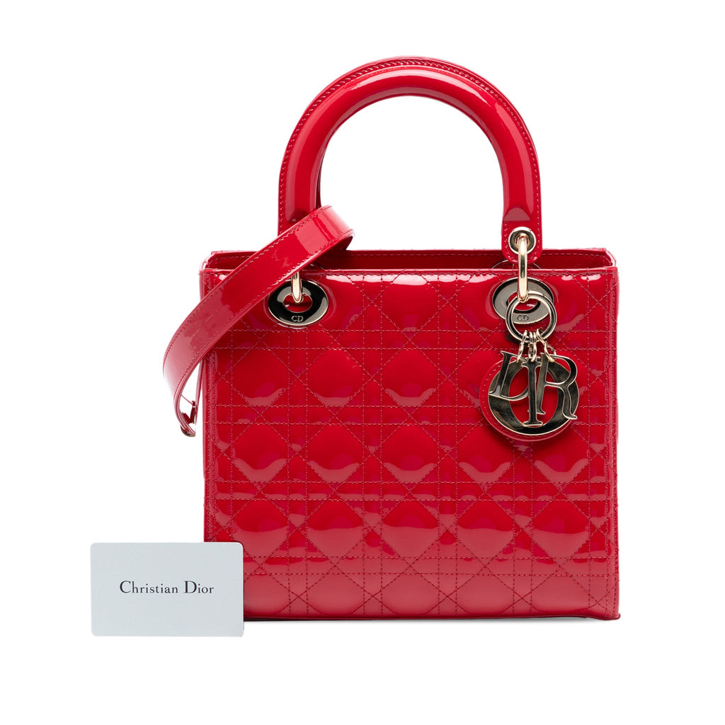Second hand Dior Lady Dior Medium Patent Leather Cannage Tote Handbag Red - Tabita Bags
