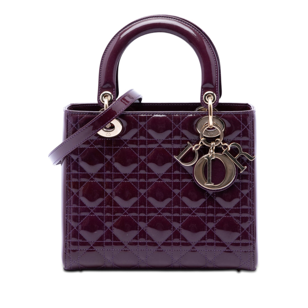 Second hand Dior Lady Dior Medium Patent Leather Zip Cannage Tote Handbag Purple - Tabita Bags
