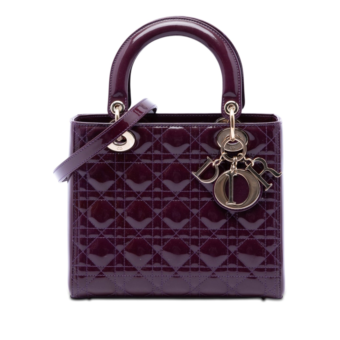 Second hand Dior Lady Dior Medium Patent Leather Zip Cannage Tote Handbag Purple - Tabita Bags