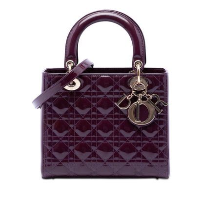 Second hand Dior Lady Dior Medium Patent Leather Zip Cannage Tote Handbag Purple - Tabita Bags