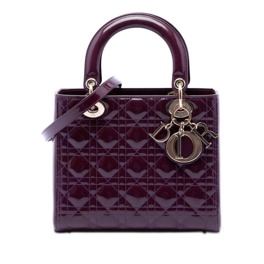Second hand Dior Lady Dior Medium Patent Leather Zip Cannage Tote Handbag Purple - Tabita Bags