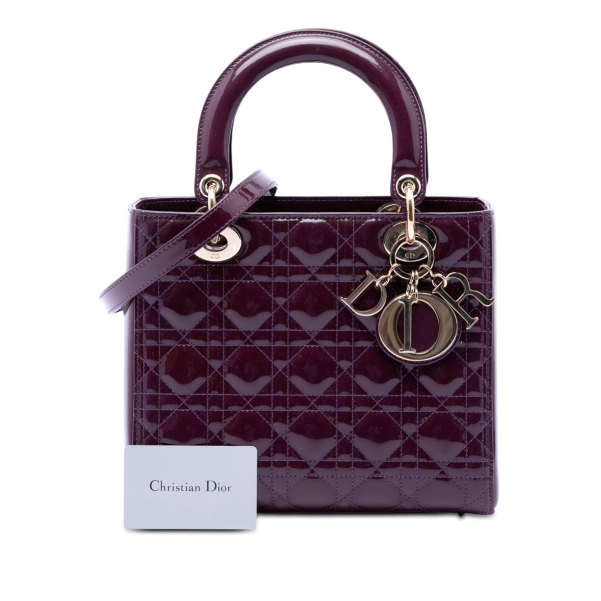 Second hand Dior Lady Dior Medium Patent Leather Zip Cannage Tote Handbag Purple - Tabita Bags